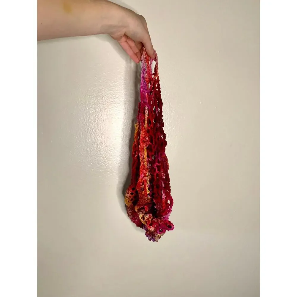 Vintage Crochet Drawstring Bag Hand Dyed Red Orange Purple Boho Mesh Fruit Sack